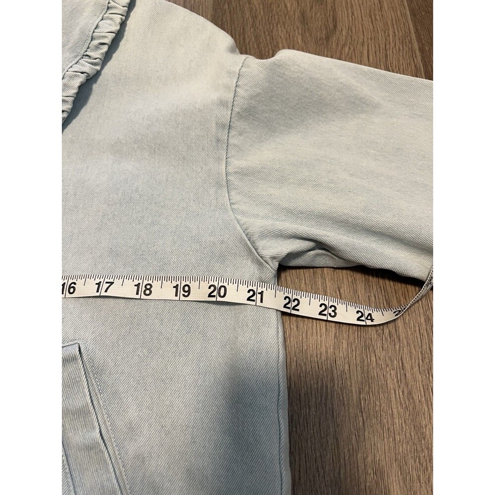 Ellison Oversized Crop Light Wash Denim Jacket Peter Pan Big Ruffle Collar Sz S - Picture 8 of 14